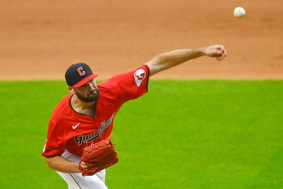 Cleveland Guardians relief pitcher Sam Hentges (31) delivers a pitch in the seventh inning against the Chicago White Sox on July 3 in Cleveland.