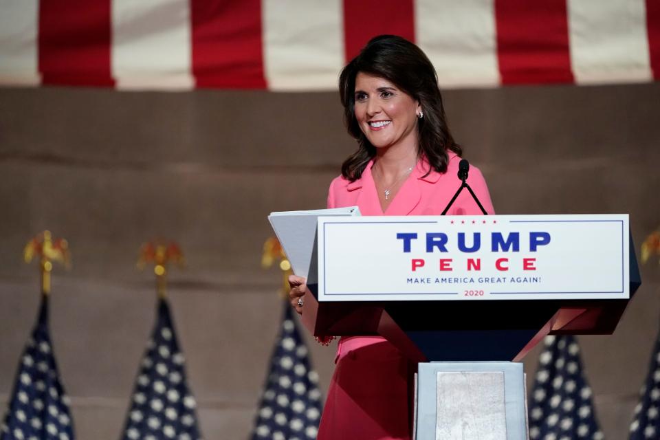 Former U.N. Ambassador Nikki Haley leaves after speaking during the Republican National Convention from the Andrew W. Mellon Auditorium in Washington, Monday, Aug. 24, 2020. Haley said during a visit to Iowa that she would consider a 2024 presidential run.