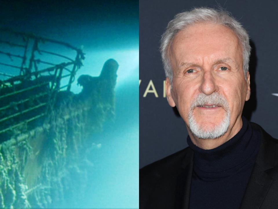 A still of the Titanic wreckage, illuminated by a spotlight from an underwater research vehicle, side-by-side with a photo of James Cameron in 2023.