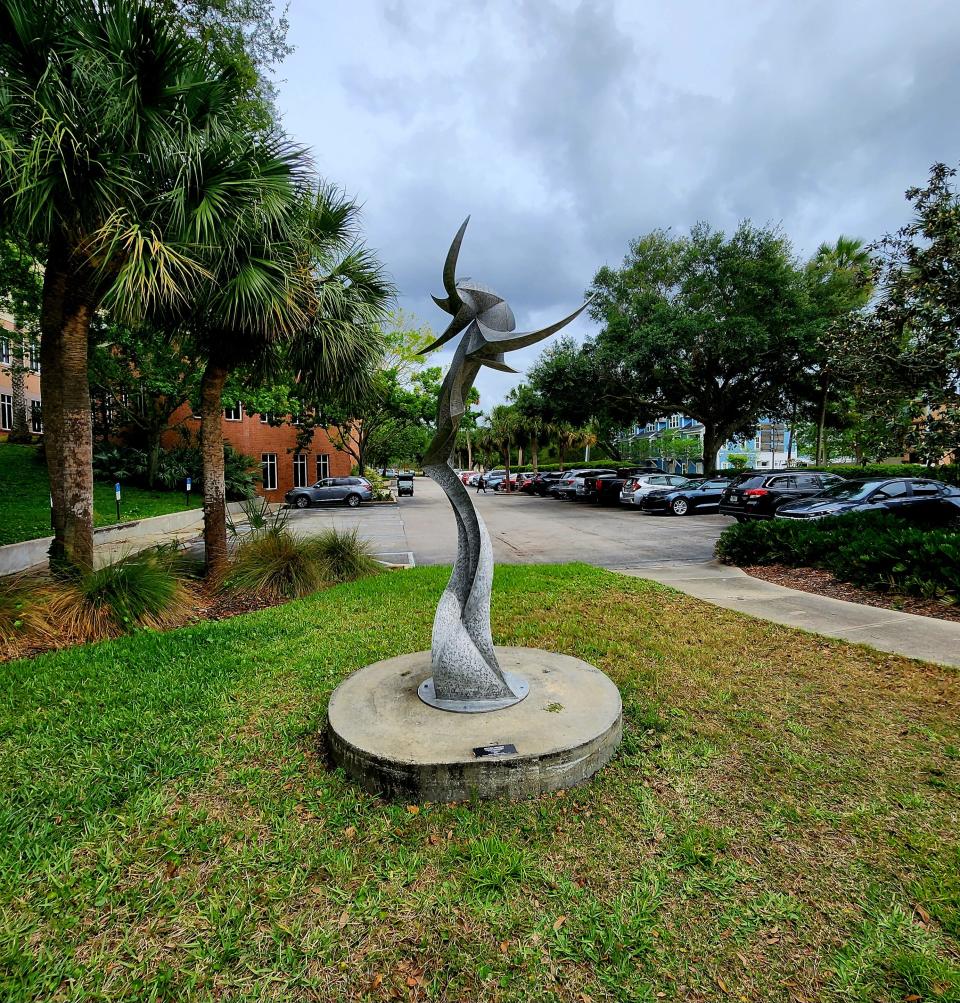 "Outer Reach," an aluminum piece by Harry McDaniel, of Asheville, North Carolina, is pictured here at the northeast corner of North Woodland Boulevard and East Ohio Avenue.