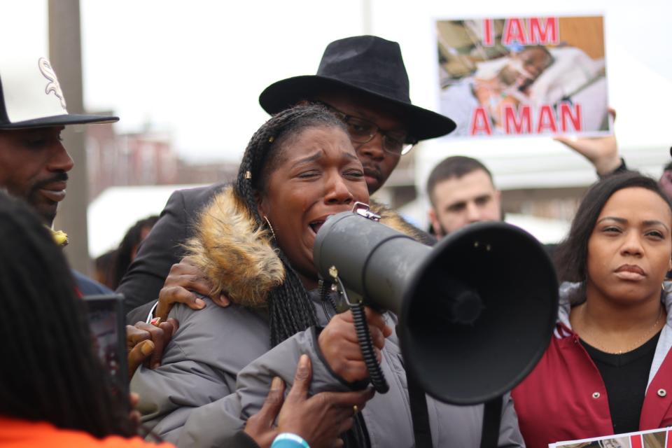 Keyana Dixon, Tyre Nichols’ older sister, cries as she speaks about the pain her family is feeling in the wake of her brother’s death on Monday, Jan. 16, 2023. Nichols died January 10 after a traffic stop with the Memphis Police Department.