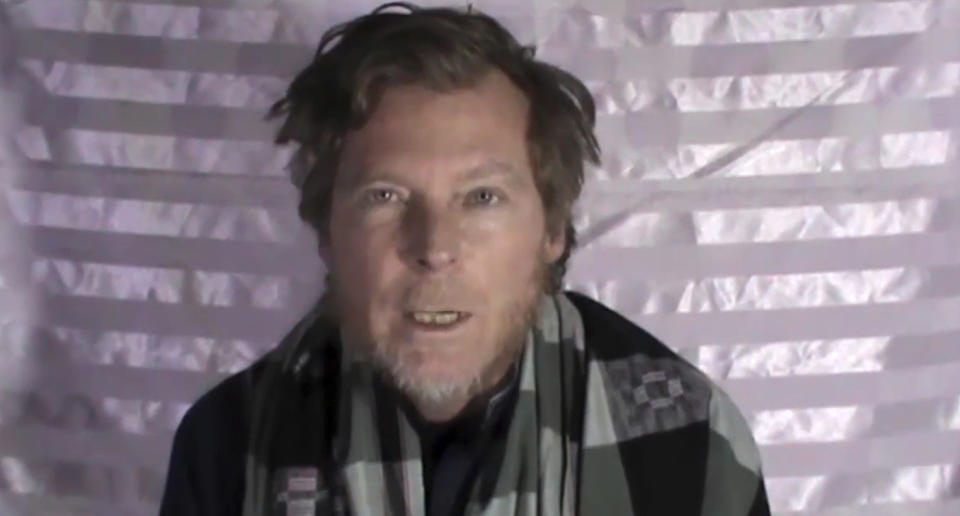 This image made from video released by the Taliban on Wednesday, Jan. 11, 2017 shows an Australian identified as Timothy Weekes making a statement on camera while in captivity. The video shows Weekes and an American who were kidnapped in August, the first time theyâve been seen since their abduction. The two men, an American identified as Kevin King and an Australian identified as Timothy Weekes, were abducted outside the American University of Afghanistan in Kabul, where they worked as teachers. (militant video via AP)