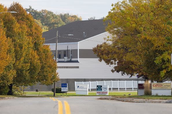 LEWISTON, MAINE - OCTOBER 26: The side of Sparetime Recreation on October 26, 2023 in Lewiston, Maine. Police are still searching for the suspect in the mass shooting, Robert Card, who killed over 15 people in two separate shootings.  (Photo by Scott Eisen/Getty Images)