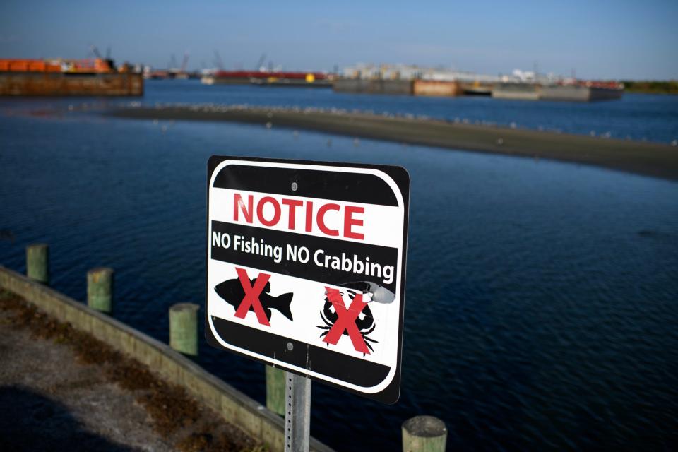 A no fishing sign on the banks of the San Jacinto River.