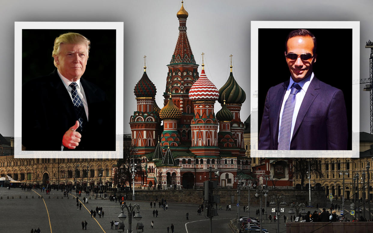 Donald Trump, Red Square, George Papadopoulos (Yahoo News photo illustration; photos: Mark Kauzlarich/Reuters, Spencer Platt/Getty Images, George Papadopoulos via Twitter)