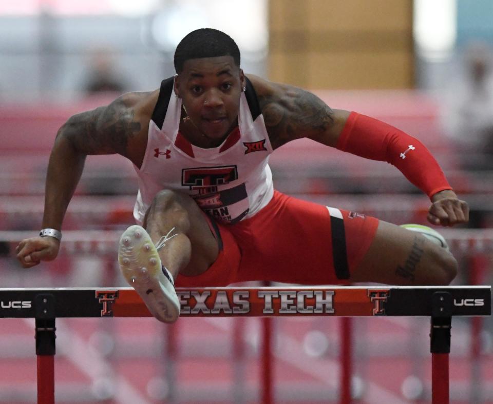 Texas Techâ€™s Caleb Dean competes in the 60-meter hurdles during the Big 12 track and field meet, Friday, Feb. 24, 2023, at Sports Performance Center. 