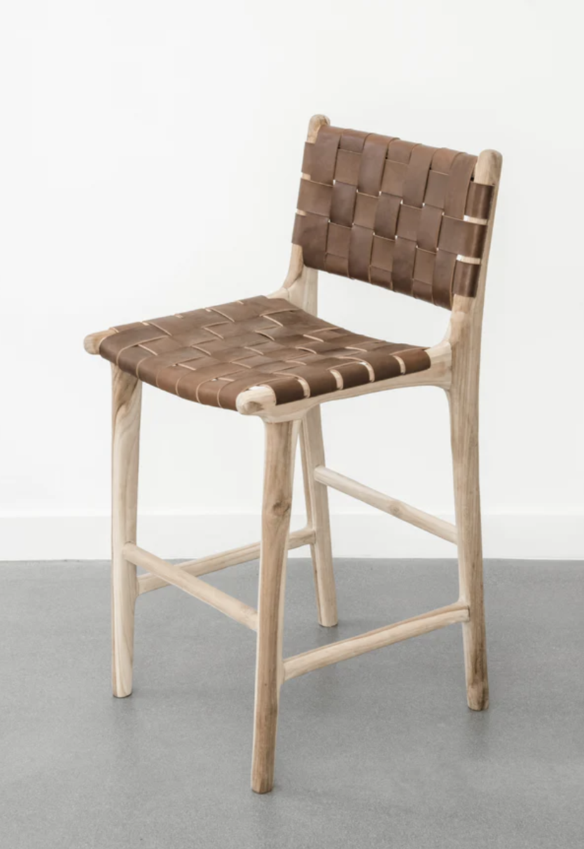 Woven Leather and wood Bar Seat