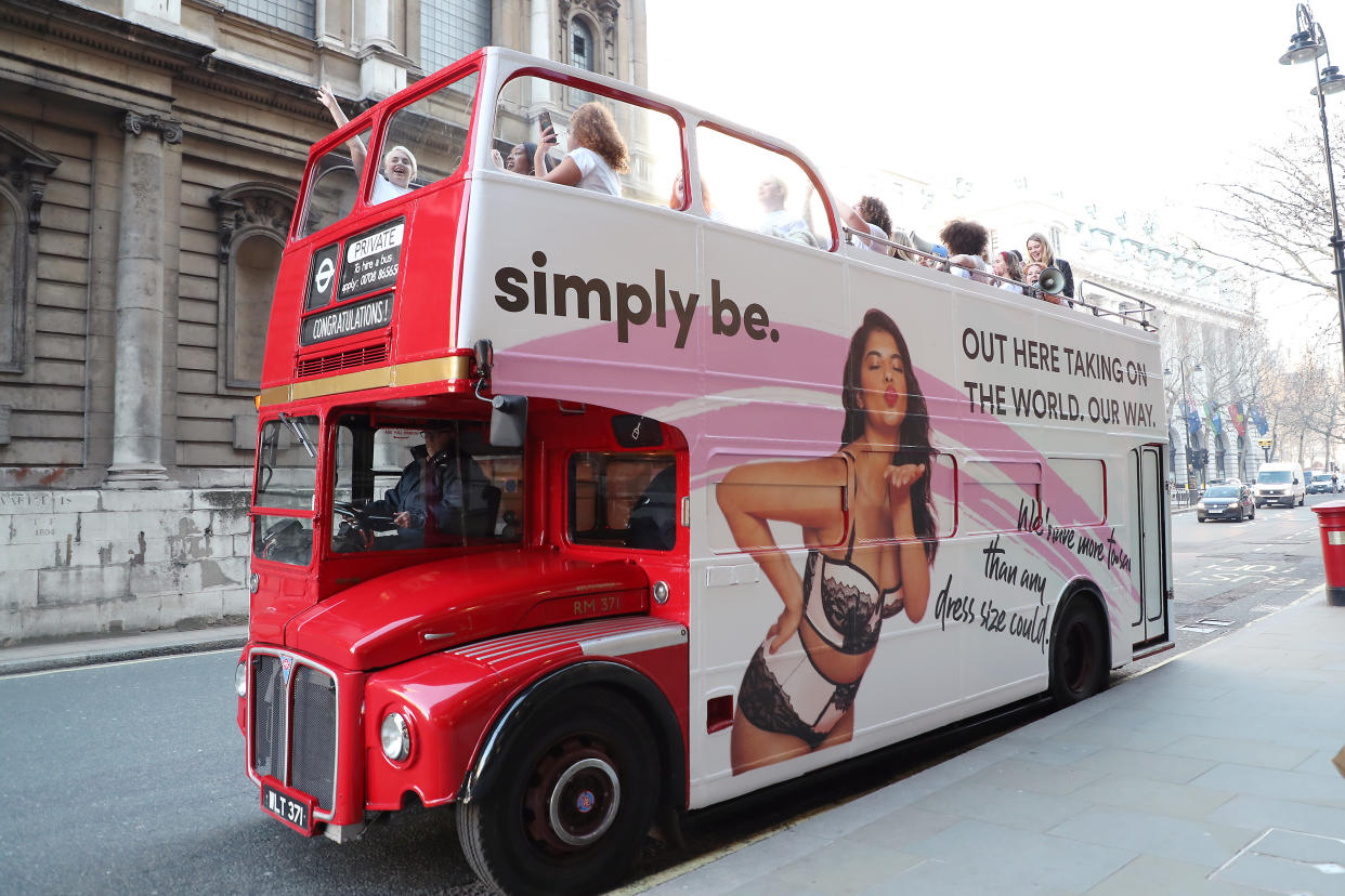 Hayley Hasslehoff and models on a Simply Be London bus outside the BFC Show Space at LFW February 2019 on February 15, 2019 in London, England. (Photo by Neil Mockford/Getty Images)