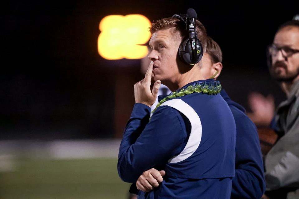 Timpanogos head coach Austin Heaps watches from the sideline as his team hosts Salem Hills in a high school football game in Orem on Friday, Oct. 6, 2023. | Spenser Heaps, Deseret News