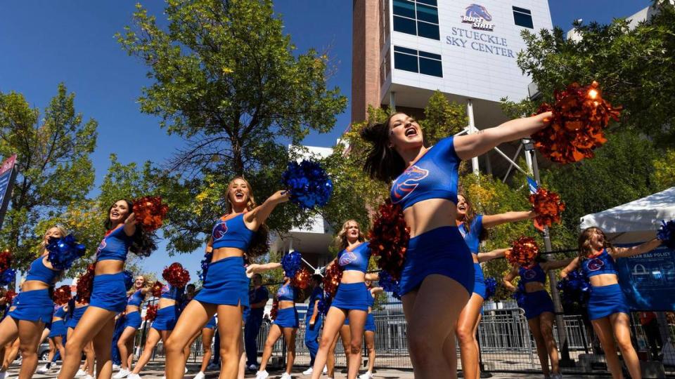 Boise State cheerleaders get Bronco fans ready for the home opener against UCF, Saturday, Sept. 9, 2023.