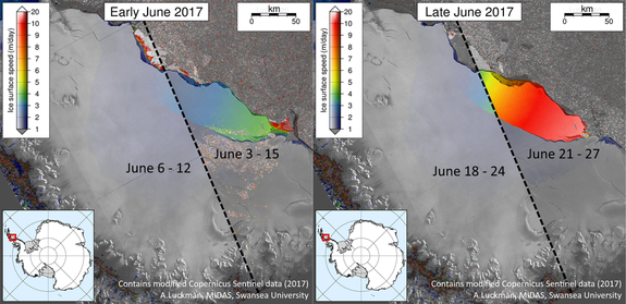 The recent image (right) highlights a significant acceleration over those three days. Comparison of speeds between Sentinel-1 image mosaics in early and late June 2017.