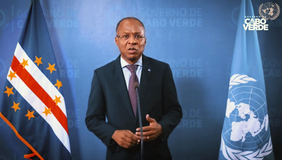 In this image made from UNTV video, Cabo Verde's Prime Minister José Ulisses Correia e Silva speaks in a pre-recorded message which was played during the 75th session of the United Nations General Assembly, Saturday, Sept. 26, 2020, at U.N. headquarters. (UNTV via AP)