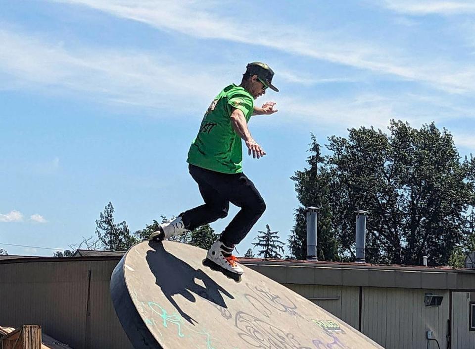 Tour organizer Randy Juarez skating at the Lummi Skate Park on the Lummi Reservation for the Northwest Shred Tour on Friday, June 21, 2024.