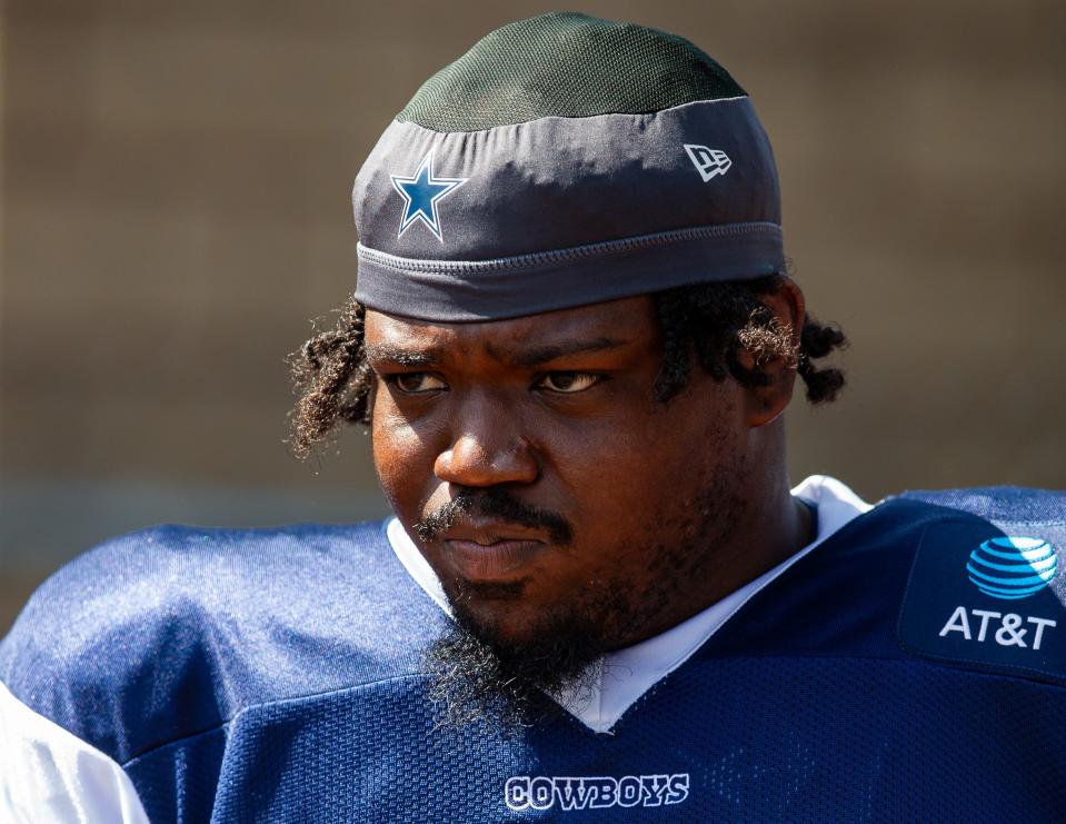 Jul 31, 2023; Oxnard, CA, USA; Dallas Cowboys defensive end Tyrus Wheat (91) during training camp at the Marriott Residence Inn-River Ridge playing fields. Mandatory Credit: Jason Parkhurst-USA TODAY Sports