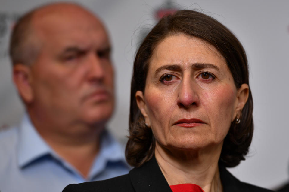 NSW Emergency Services Minister David Elliott and NSW Premier Gladys Berejiklian during a press conference at Rural Fire Service (RFS) Headquarters in Sydney, January 5. Source: AAP Image/Paul Braven