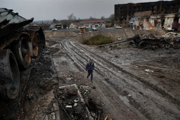 A resident in the town of Trostyanets, Ukraine, April 1, 2022. (Tyler Hicks/The New York Times)