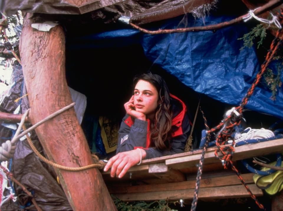 Julia Butterfly Hill sits in a 180-foot redwood tree during her 2-year tree-sit.