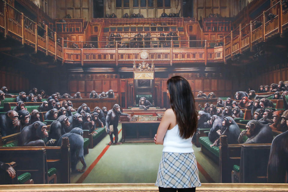 LONDON, ENGLAND - SEPTEMBER 27: Banksy's Devolved Parliament (est. GBP1.5-2m) is displayed to the press during the preview for Sotheby’s Frieze Week Contemporary Art Auctions at Sotheby's on September 27, 2019 in London, England. Banksy's Devolved Parliament will be offered in Sotheby’s Frieze Week Contemporary Art Evening Auction alongside works by Basquiat, Fontana, Borgeois, Hackney, Bacon and more. (Photo by Tristan Fewings/Getty Images for Sotheby's)