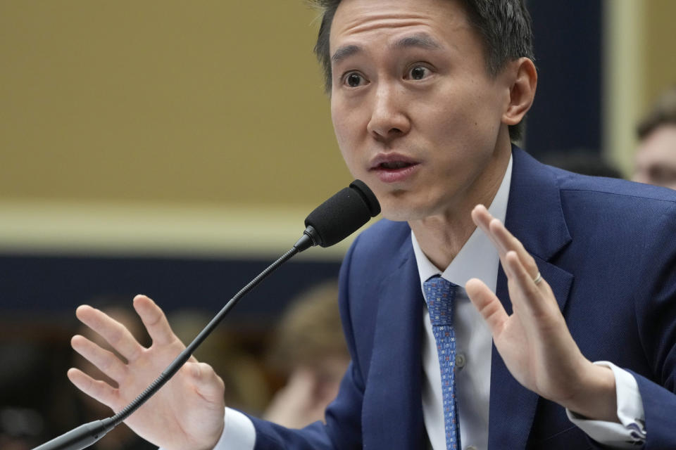 TikTok CEO Shou Zi Chew testifies during a hearing of the House Energy and Commerce Committee, on the platform's consumer privacy and data security practices and impact on children, Thursday, March 23, 2023, on Capitol Hill in Washington. (AP Photo/Alex Brandon)