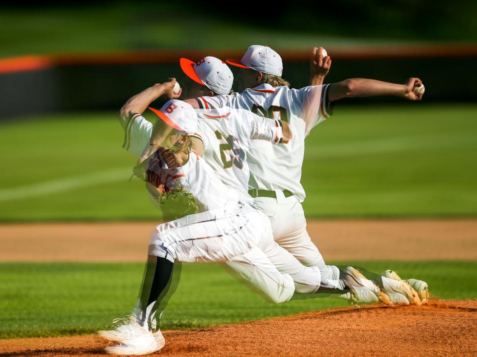 A multiple exposure shows Sprague's Grant Strother (29) throwing a pitch during the playoff game against Sunset on Monday, May 23, 2022 in Salem, Ore. 