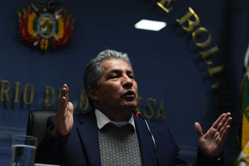 Bolivian Defense Minister Edmundo Novillo Aguilar gives a press conference in La Paz, Bolivia, Tuesday, July 25, 2023. (AP Photo/Juan Karita)