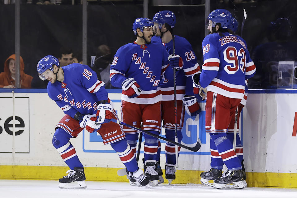 New York Rangers left wing Artemi Panarin (10) skates away after scoring a goal against the Washington Capitals during the second period of an NHL hockey game Wednesday, Dec. 27, 2023, in New York. (AP Photo/Adam Hunger)