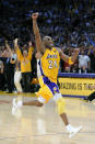 FILE - In this June 17, 2010, file photo, Los Angeles Lakers guard Kobe Bryant react as in the final second of Game 7 of the NBA basketball finals against the Boston Celtics in Los Angeles. Bryant was one of eight finalists announced Friday, Feb. 14, 2020, as candidates for enshrinement into the Basketball Hall of Fame later this year, a decision that came as absolutely no surprise in his first year of eligibility. (AP Photo/Mark J. Terrill, File)