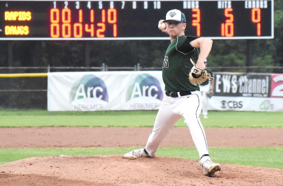 Troy Butler delivers a pitch for the Mohawk Valley DiamondDawgs during a July 27, 2021, Perfect Game Collegiate Baseball League doubleheader against Watertown at Veterans Memorial Park.