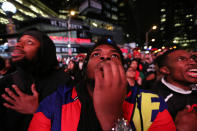 TORONTO, ON- JUNE 13 - Toronto fans watch, worry and celebrate at Jurassic park as the Toronto Raptors beat the Golden State Warriors in game six to win the NBA Championship at Oracle Arena in Oakland outside at Scotiabank Arena in Toronto. June 13, 2019. (Steve Russell/Toronto Star via Getty Images)