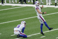 Buffalo Bills kicker Tyler Bass, right, looks after his eighth field goal-attempt of the day during the second half of an NFL football game against the New York Jets, Sunday, Oct. 25, 2020, in East Rutherford, N.J. (AP Photo/Frank Franklin II)