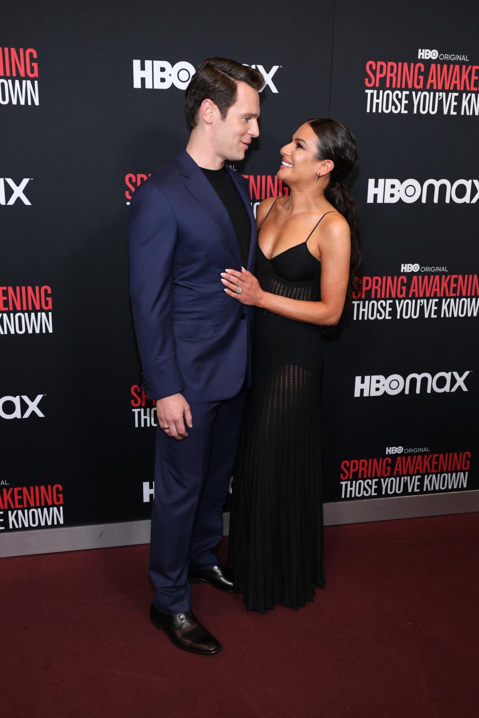 Jonathan Groff, left, and Lea Michele embrace on the red carpet at the New York premiere of "Spring Awakening: Those You've Known" last month.