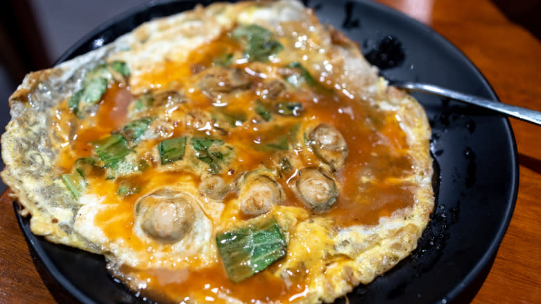 Taiwanese oyster omelet on plate