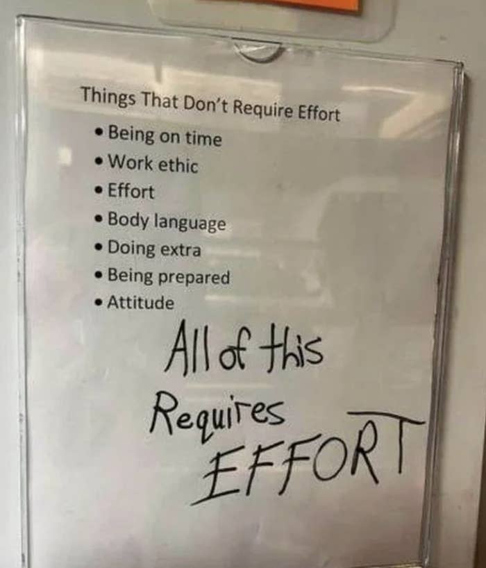 List titled "Things That Don't Require Effort" with items, overwritten with "All of This Requires EFFORT"