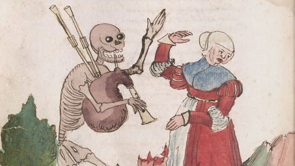"Bagpipes? No thank you. Send a skeleton who knows how to play something nicer, please." This illustration is part of the Danse Macabre motif, in which the grim reaper takes the dead on a musical journey to the afterlife. - Württemberg State Library Stuttgart/Courtesy Penguin Random House