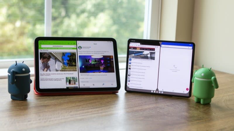 Split Screen View iPad Mini next to Galaxy Z Fold 3 and  Android Figures. 