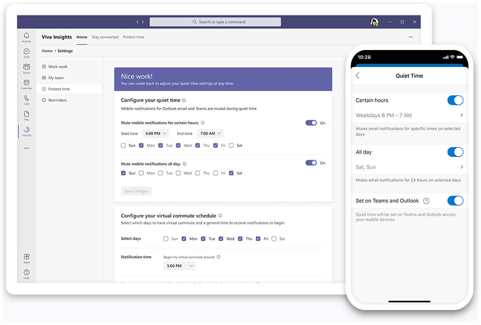 Microsoft is also adding a Quiet Time feature to Viva Insights that lets you full disconnect outside of office hours. (Image: Microsoft)