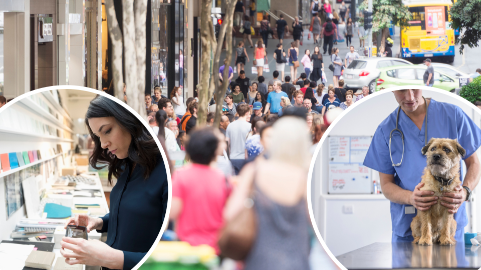 Pictured: Vet, interior designer and busy Australian street. Images: Getty