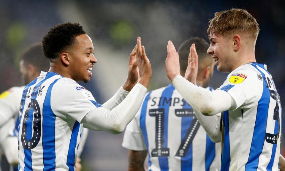 Chris Willock and Emile Smith Rowe, both Arsenal academy products, celebrate Willock’s opener.