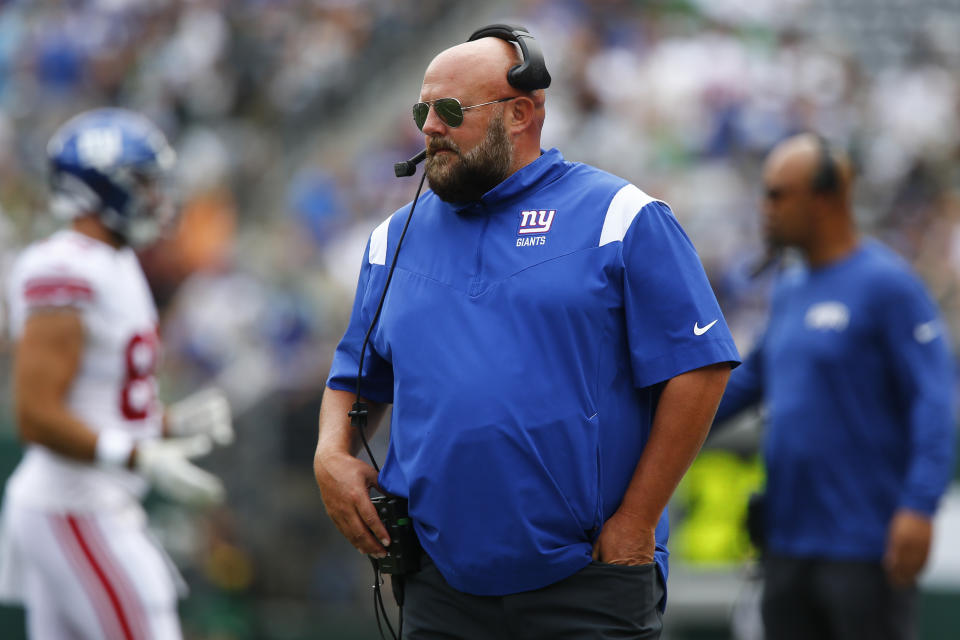 New York Giants head coach Brian Daboll works the sidelines in the first half of a preseason NFL football game against the New York Jets, Sunday, Aug. 28, 2022, in East Rutherford, N.J. (AP Photo/John Munson)