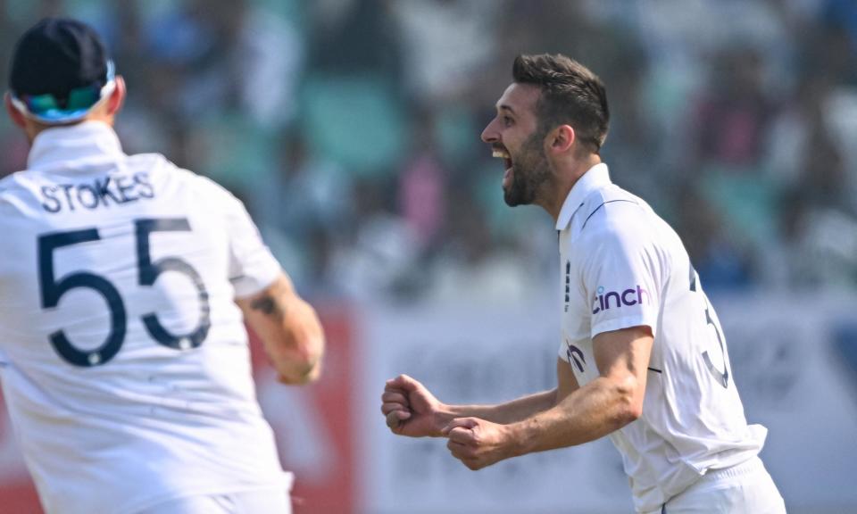 <span>Mark Wood (right) celebrates after taking the wicket of Shubman Gill during England’s fast start to the third Test.</span><span>Photograph: Punit Paranjpe/AFP/Getty Images</span>