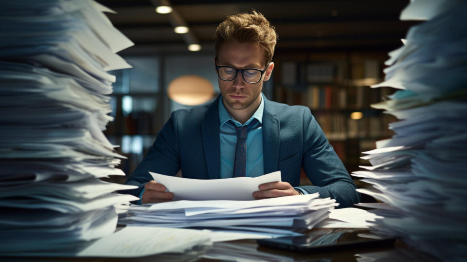 A business person looking over a stack of business documents, analyzing results with a laptop.
