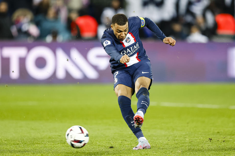 PARIS, FRANCE - MARCH 04: Kylian Mbappe of Paris Saint Germain attempts a kick for score his goal during the Ligue 1 match between Paris Saint-Germain and FC Nantes at Parc des Princes on March 4, 2023 in Paris, France. (Photo by Antonio Borga/Eurasia Sport Images/Getty Images)