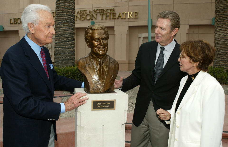 The former host of the Price is Right, Bob Barker and the Chairman of the Academy of Television Arts and Sciences, Dick Askin unveil a bust of Barker. (Mark Mainz/Getty Images)