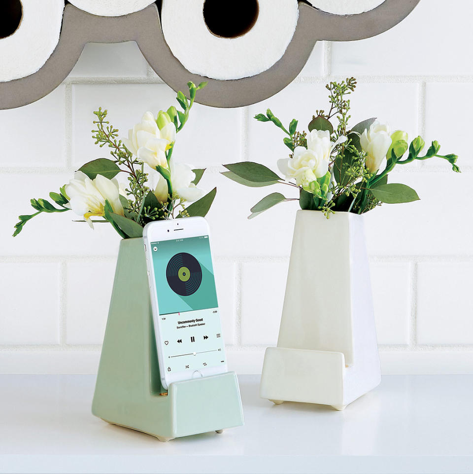 <p>This stress-free product combines a phone dock and a flowerpot for a clever mix of practical and beautiful. It's a fun addition to any desk or room, especially for the workaholic who needs a little natural beauty to liven up her desk. </p><p>Buy it <a rel="nofollow noopener" href="http://click.linksynergy.com/fs-bin/click?id=93xLBvPhAeE&subid=0&offerid=458243.1&type=10&tmpid=319&RD_PARM1=http%253A%252F%252Fwww.uncommongoods.com%252Fproduct%252Fbedside-smartphone-vase&u1=ISSPWORKAHOLICGIFTGUIDE" target="_blank" data-ylk="slk:here;elm:context_link;itc:0;sec:content-canvas" class="link ">here</a> for $32.</p>