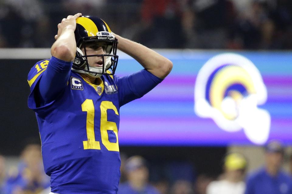 Los Angeles Rams' Jared Goff (16) reacts after his pass was intercepted during the second half of the NFL Super Bowl 53 football game against the New England Patriots, Sunday, Feb. 3, 2019, in Atlanta. (AP Photo/Mark Humphrey)