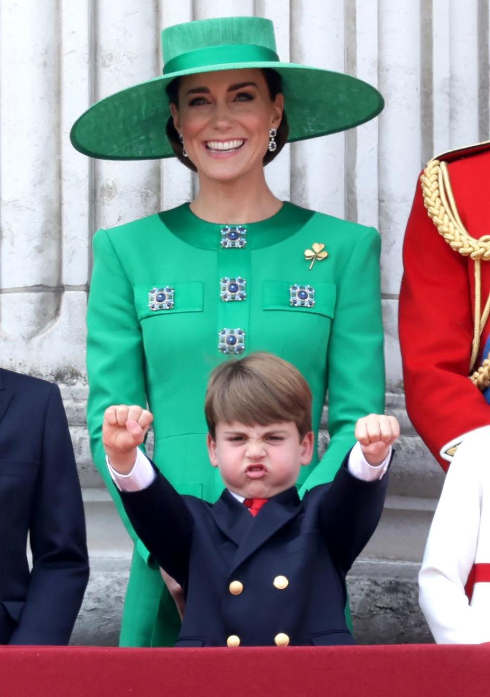 london, england june 17 prince louis of wales and catherine, princess of wales watch the fly past on the buckingham palace balcony during trooping the colour on june 17, 2023 in london, england trooping the colour is a traditional parade held to mark the british sovereign's official birthday it will be the first trooping the colour held for king charles iii since he ascended to the throne photo by chris jacksongetty images