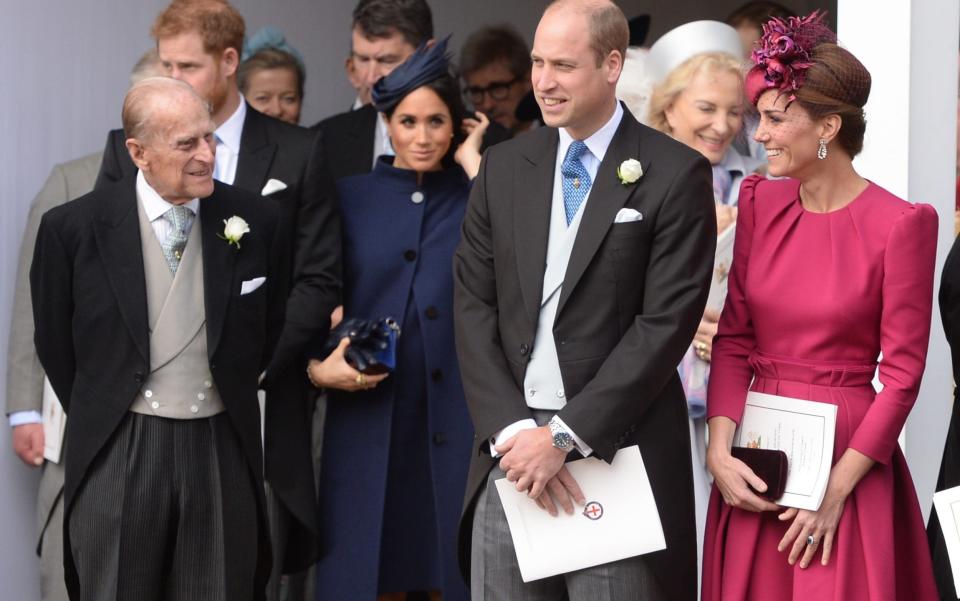 rince Philip, Duke of Edinburgh, Meghan, Duchess of Sussex, Prince William, Duke of Cambridge and Catherine, Duchess of Cambridge attend the wedding of Princess Eugenie of York and Jack Brooksbank - WireImage