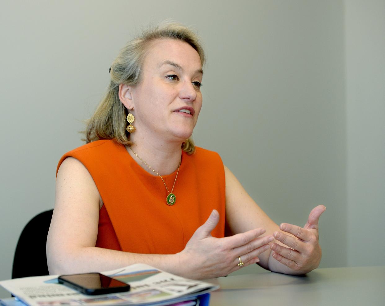 U.S. Rep. Nikki Budzinski (D-IL. 13 District), answers questions in her Springfield Office on South Fourth Street Tuesday, April 11, 2023.