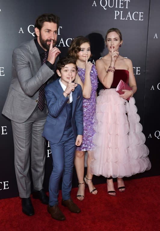 (L-R) John Krasinski, Noah Jupe, Millicent Simmonds and Emily Blunt attend the premiere for "A Quiet Place" at AMC Lincoln Square Theater on April 2, 2018 in New York