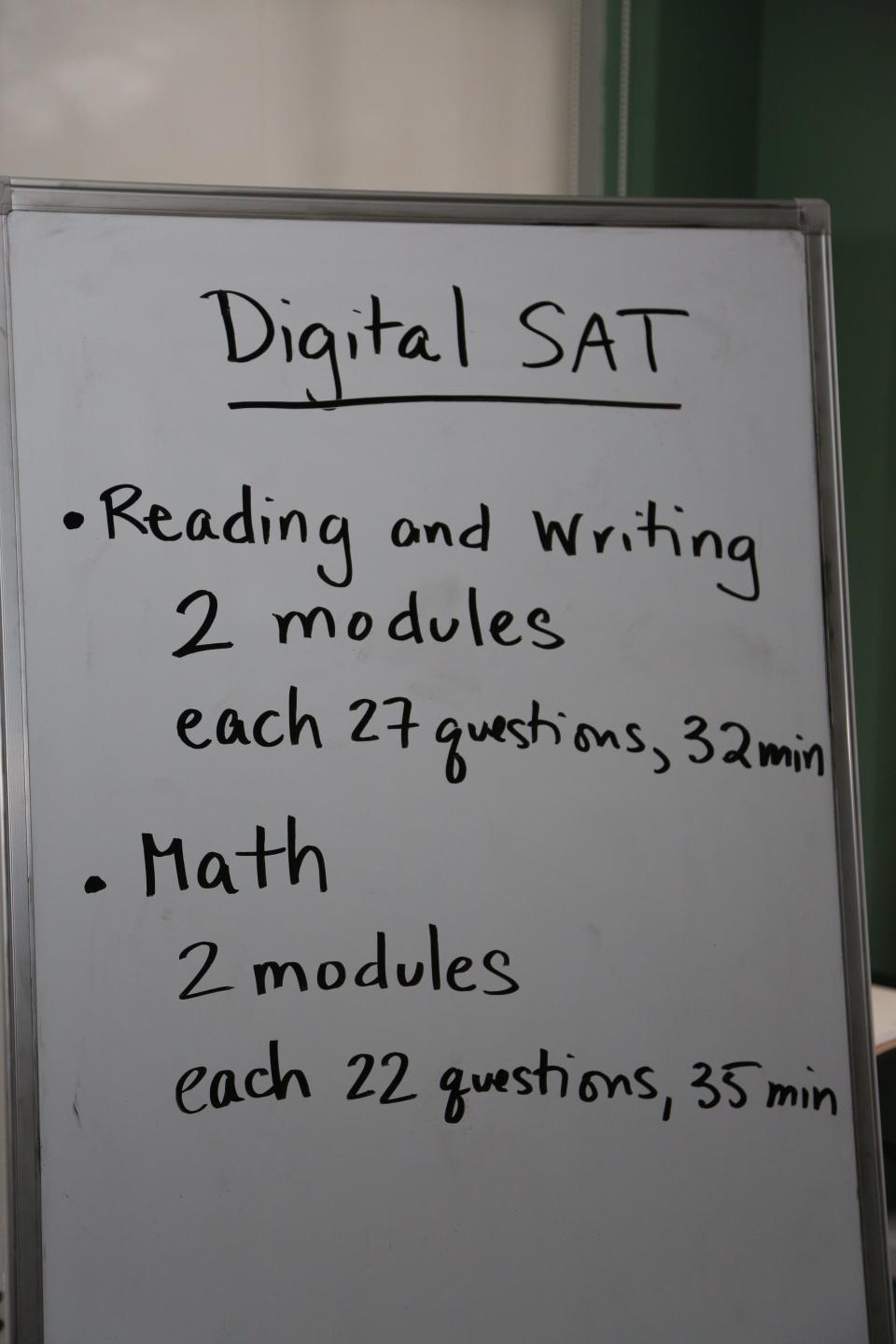 A planning notice at Aspen Tutoring in Ridgewood, New Jersey, a center that is preparing students for the new digital SAT.